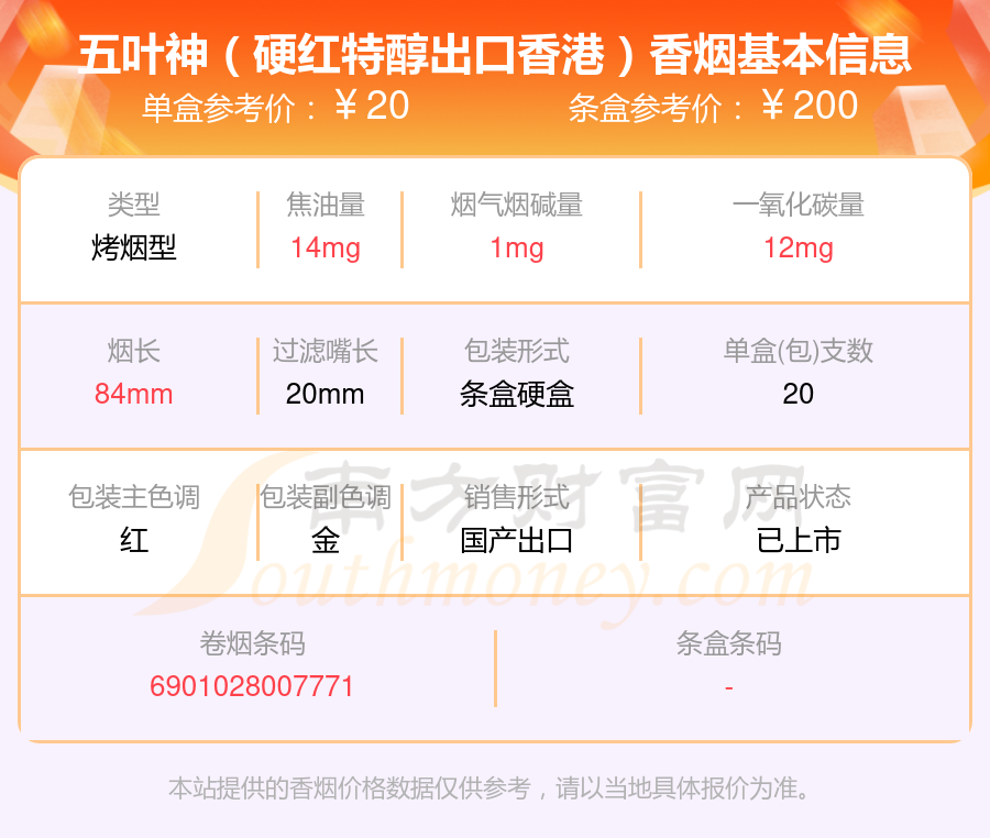 五叶神(硬红特醇出口香港)香烟价格2023一条多少钱