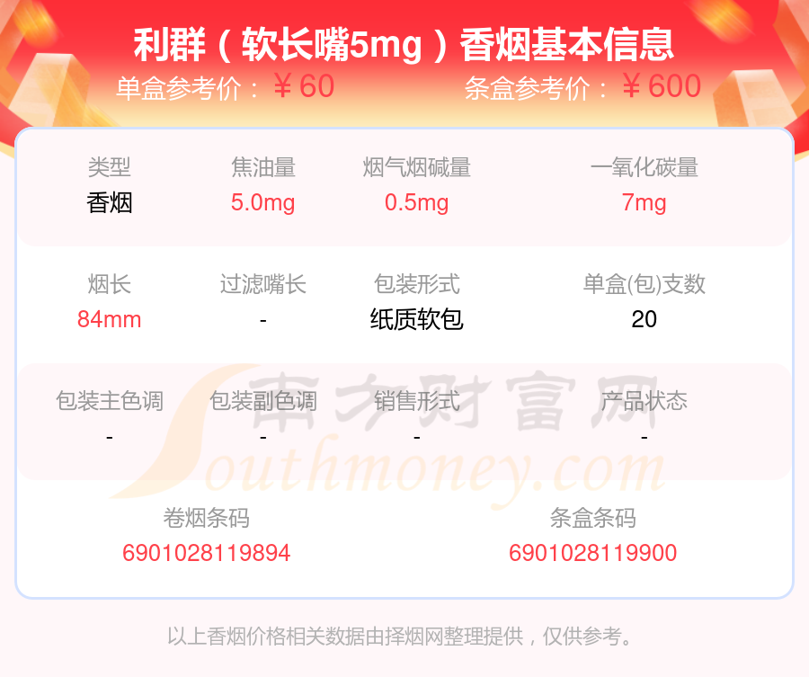 利群(软长嘴5mg)香烟价格2023一包多少 - 择烟网