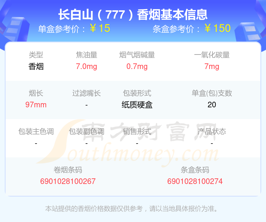 长白山烟细支价格表图片