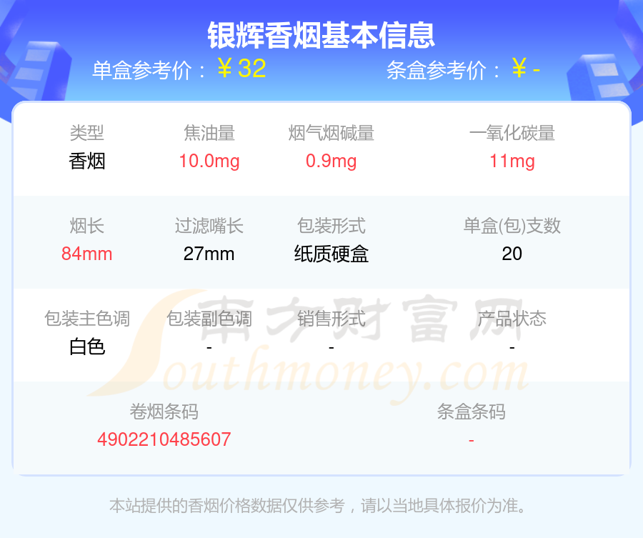 银辉香烟的价格和图片图片